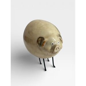 Vintage Ceramic Pig Figurine Metal Legs Curly Tail Cream Tan Glazed Pottery 5in